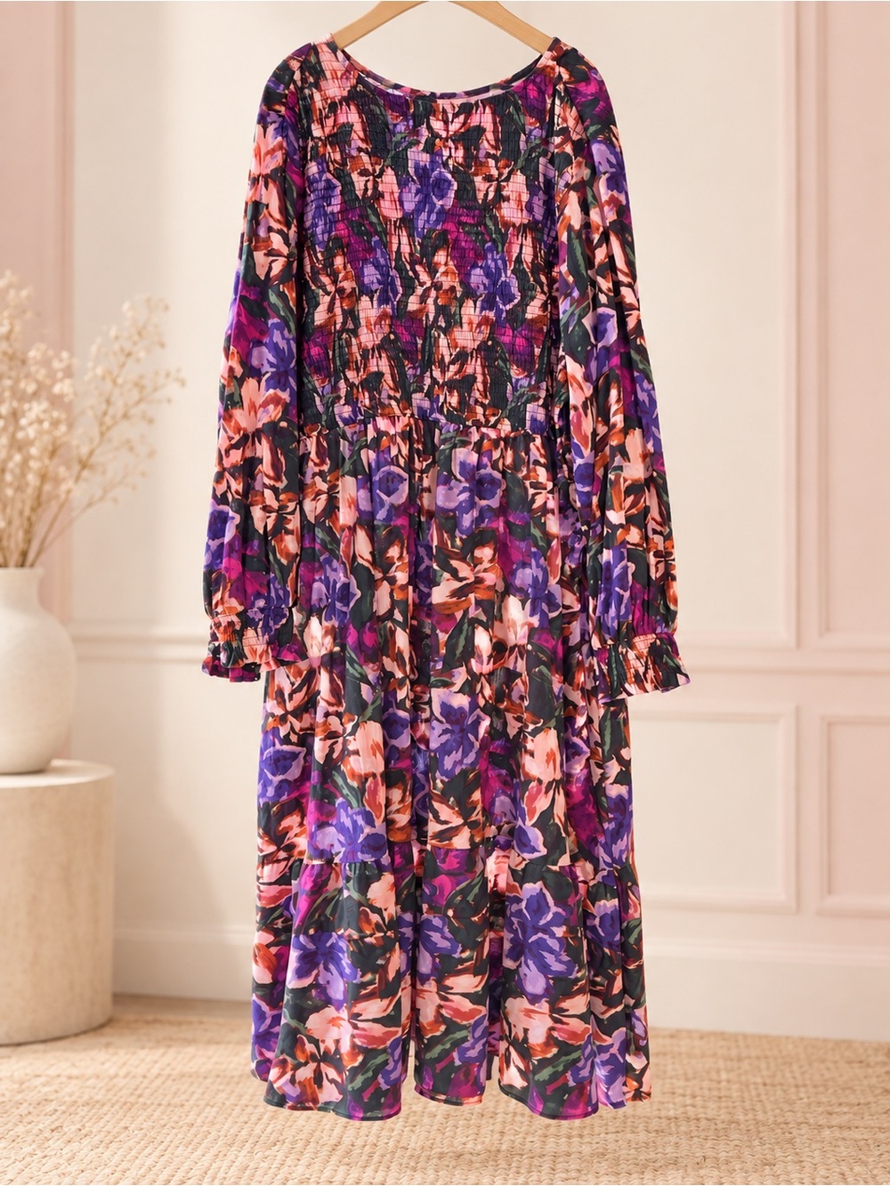 Terra & Sky Purple and Pink Floral Smocked Long Sleeve Midi Dress